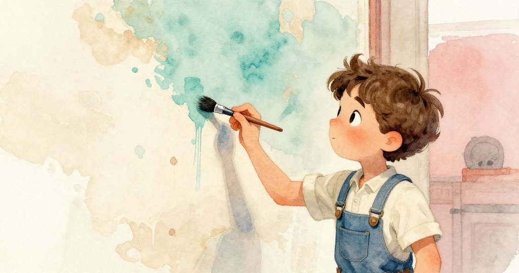 Milo使用畫筆輕刷壁畫,左側塵封舊畫層、右側漸顯亮色,動作溫柔,對比明顯,散發驚奇情緒