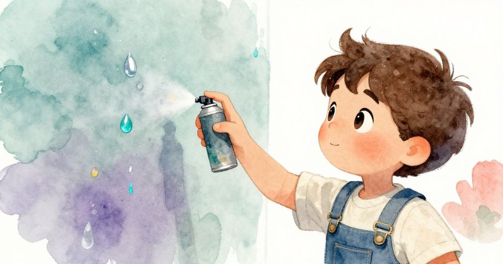 Milo手持噴霧器,輕噴水霧於壁畫上,水珠折射出內層鮮豔色彩,神秘且仔細,表情專注