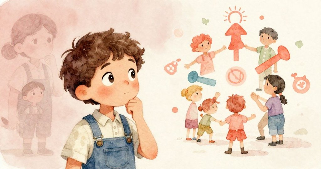 Milo站於雙層壁畫前,左側呈舊時模糊圖像,右側浮現新鮮明亮圖案,神情迷茫中帶著希望