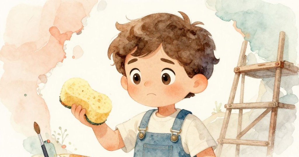 Milo專注且略帶猶豫,於腳手架前手持海綿修補剝落壁畫,溫柔光影中呈現堅定決心