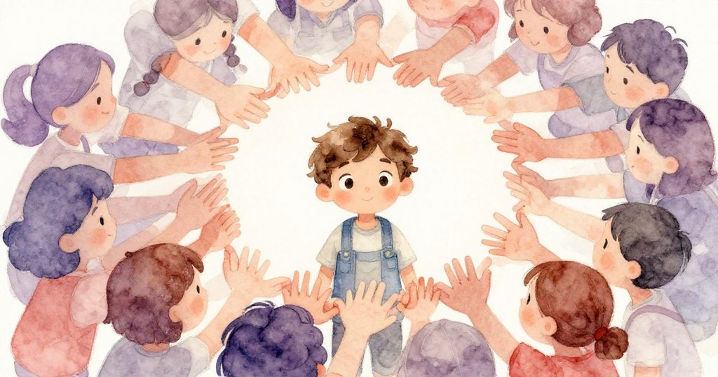 Milo與志工齊聚於老禮堂前,欣賞完成的壁畫,畫面展現手牽手團結,每個人露出溫暖微笑,晨光燦爛