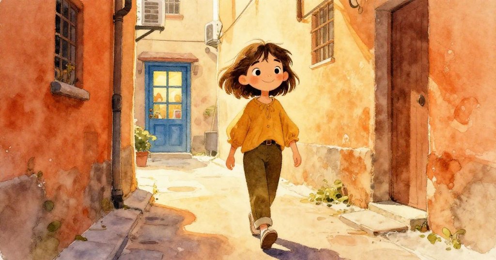 Mia走在狹窄巷子中，充滿期待，穿著鮮明色彩，藍色工作室入口在背景中，展現冒險與開啟之旅。