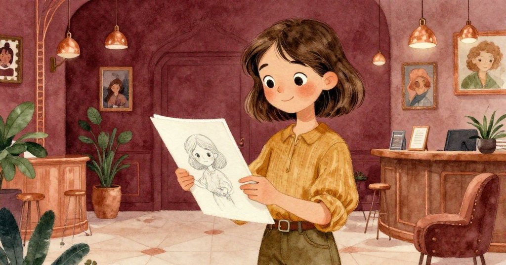 Mia在大廳中專注地拿著素描本，溫柔笑容中透露著興奮，背景有電影海報和銅色鈴鐺，充滿創意氛圍。