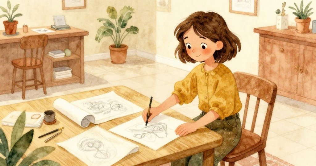 從上方看見Mia在桌上精心排列捲曲素描頁面，溫暖金色光線中透露創意與期待，背景展示電影海報和時間凍結。