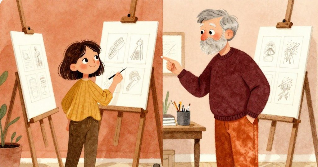 Mia和製作人同時出現，一邊展示即興的素描展覽，一邊凝神欣賞畫中航行雲朵，充滿理解與藝術共鳴。