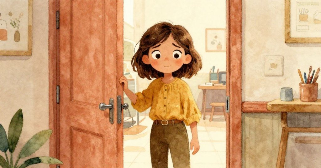 Mia面對無法打開的走廊門，緊握門把並看向手錶，室內環境充滿金色光影，展現等待與焦慮時刻。