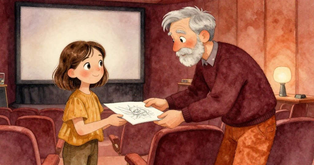 製作人小心將Mia的素描本遞向溫柔燈光下的放映室，Mia滿懷期待注視，畫面展現安心與藝術交流的圓滿結局。