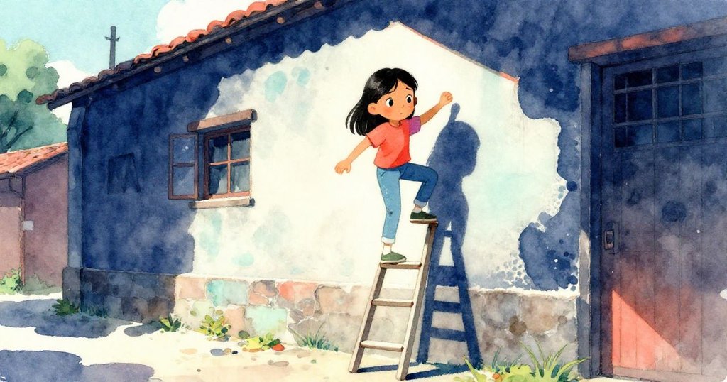 Maya在社區大廳牆前搭梯子準備繪畫,晨光溫暖,充滿決心與期待,場景寬闊動人。