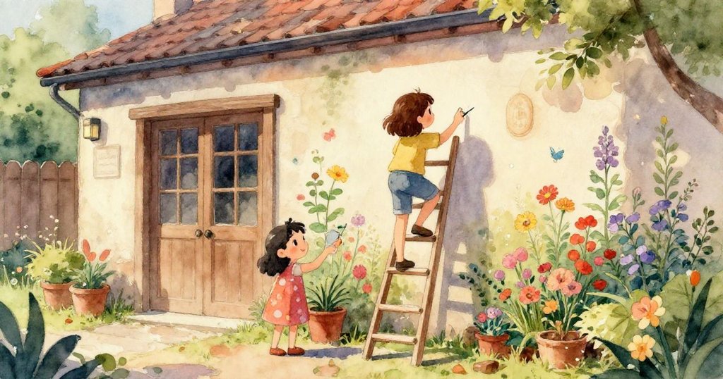 Maya仔細按住翻飛筆記本,膠帶和小罐子細節呈現,暖光下展現準備情境,溫柔細膩。