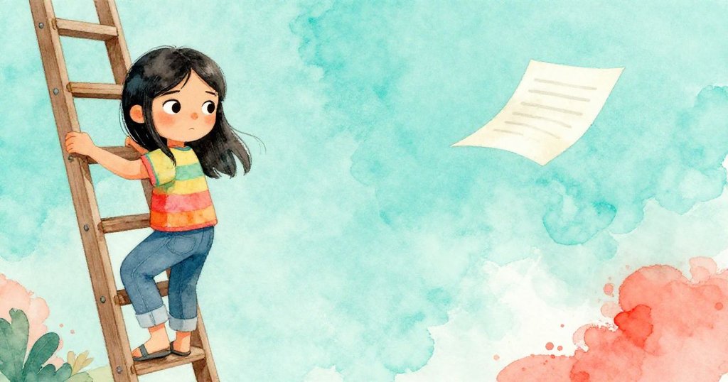 Maya一邊攀爬梯子,一邊風起捲動紙角,畫面分割展現動靜對比,充滿挑戰與堅毅。