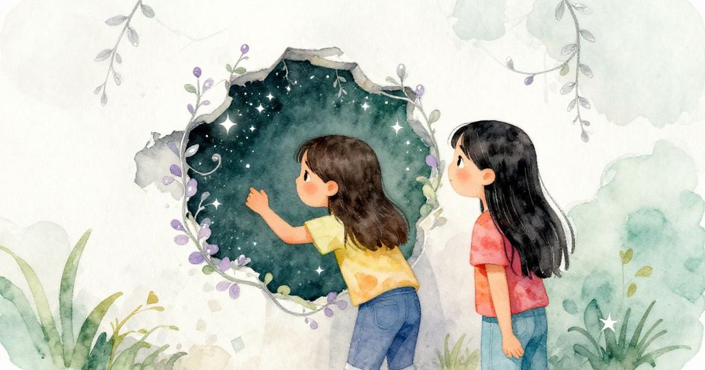 Maya凝視牆上剝落白漆露出神秘舊畫,薰衣草與銀藤相伴,星光點點充滿超現實魅力。