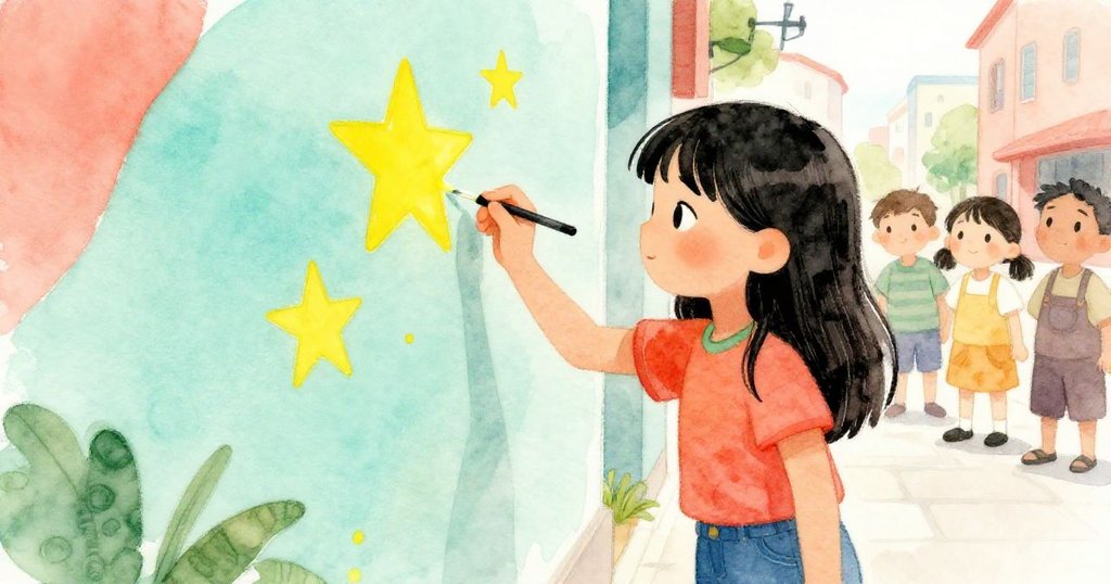 Maya專注混合釉彩添亮黃星,畫筆細觸牆面,旁觀者流露好奇,色彩交織展現藝術變化。