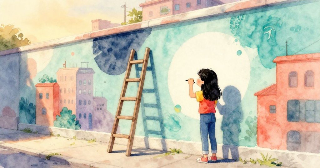 Maya凝視完成彩繪牆面,空梯靜立伴隨舊新融合,傍晚琥珀光中洋溢圓滿與寧靜。