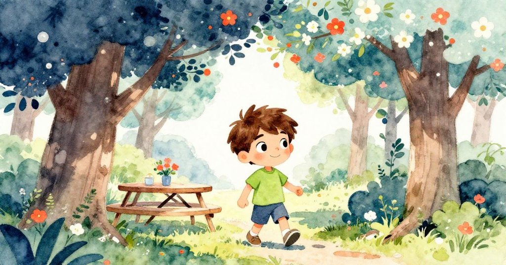 露卡穿過花朵盛開的樹枝門，走向陽光燦爛的公園野餐桌，充滿期待與活力。