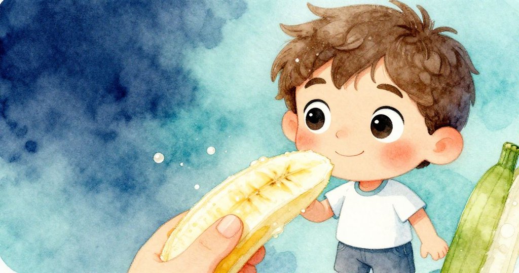 露卡專注凝視，眼神中閃耀著堅毅與期待，手中持著閃亮香蕉片，充滿溫暖光芒。