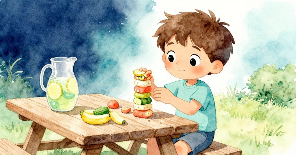 露卡的背影透過肩後視角呈現，他正細心地堆疊香蕉和烤西葫蘆，小檸檬水壺旁充滿期待。