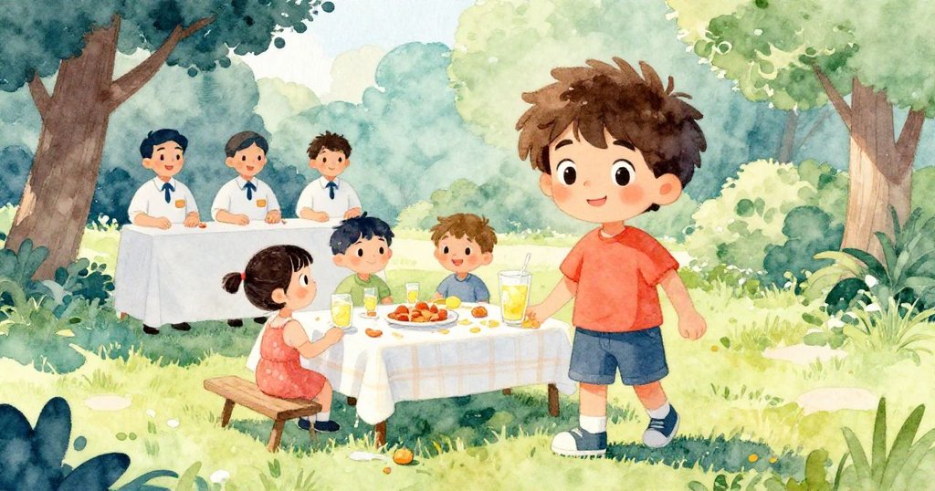 露卡和評審在午後微黃光線下的野餐桌旁，桌上零散果點和檸檬水殘留映出故事轉折的溫暖細節。