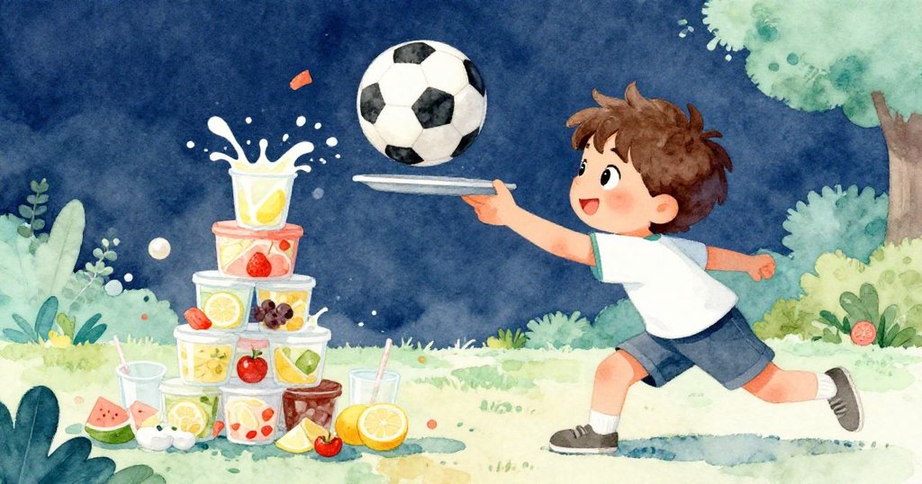 露卡在運動中奮力接托盤，拋飛的水果和檸檬水飛濺，足球滾向木板，充滿動感與驚喜。