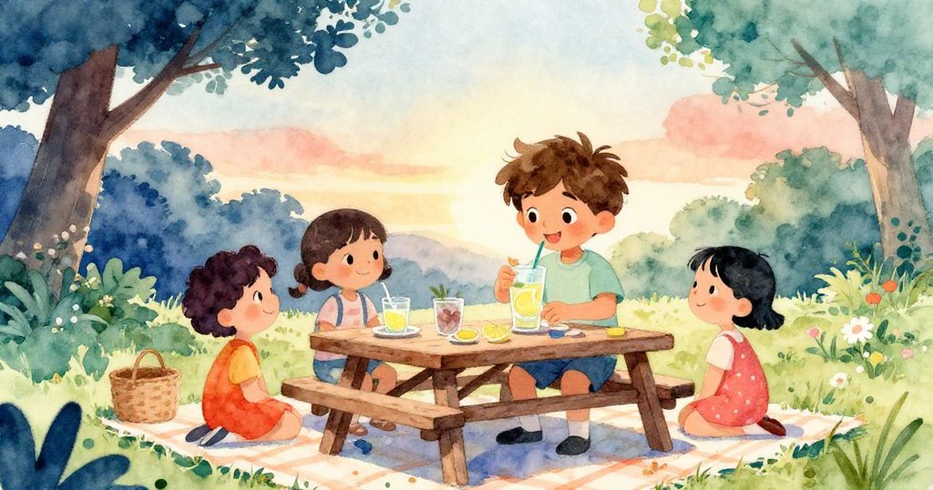 露卡坐在恢復清潔的野餐桌邊，輕拭桌面享用新鮮檸檬水，與朋友們共享平靜而幸福的晚霞時刻。