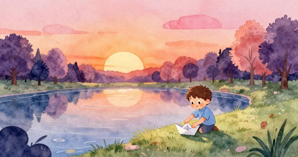 萊奧在池塘邊摺紙船，天空中一朵白雲映襯著夕陽橘光，他面帶期待，環境寧靜而美麗。
