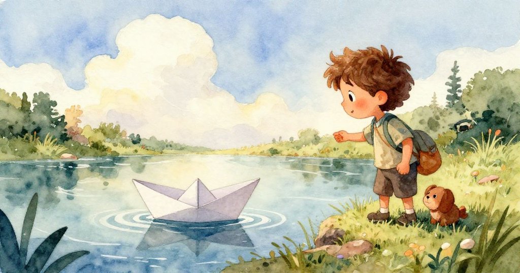 萊奧專注地用小手摺紙船，紙張細節清晰展現，背景中散發柔和金光，充滿創造與專注的氛圍。