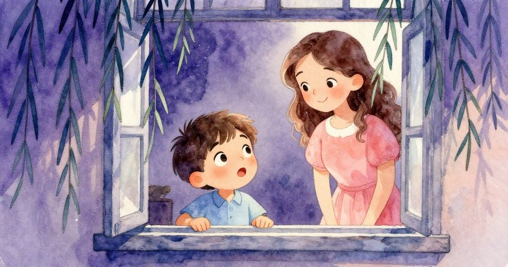 透過搖曳柳枝如窗框，萊奧驚訝地凝望紙船，遠處訪客微笑等待，光影斑駁呈現詩意場景。