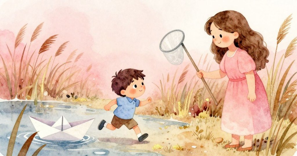 在隱秘蘆葦叢中，萊奧急步接近被困紙船，訪客溫柔現身施救，畫面神秘中透著希望。