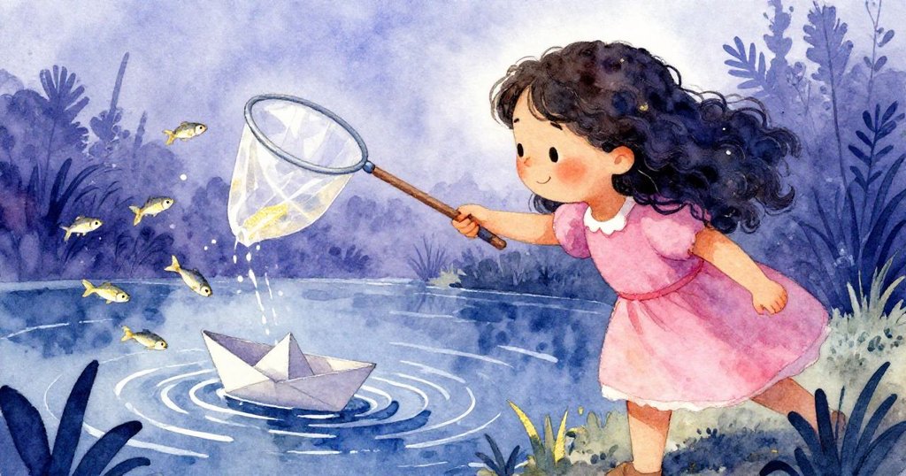 訪客迅速揮動網子拂動池水，小魚散開，紙船隨波釋放，場面動感急促充滿活力。