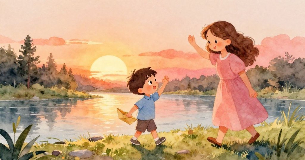 萊奧在苔蘚覆蓋的岸邊捧著紙船向訪客揮手告別，夕陽餘暉映照，情景溫馨依依。