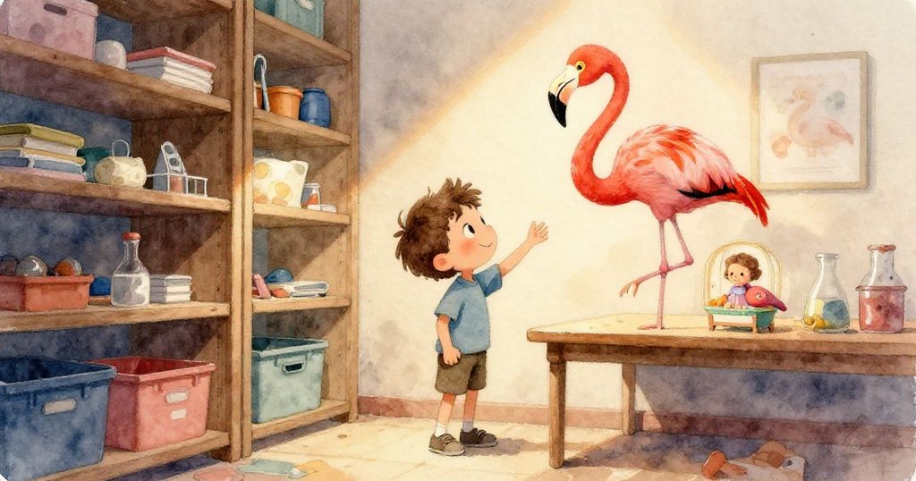 班恩仔細觀察架上豔麗火烈鳥、搖搖欲墜的搖籃和木質積木，在柔和光線中展現細緻質感與溫暖色調。