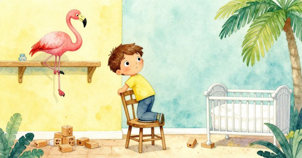 班恩一邊攀爬搖晃的椅子試圖夠取高處火烈鳥，另一邊小搖籃突然傾斜，積木開始滑落，畫面呈現緊湊動態。