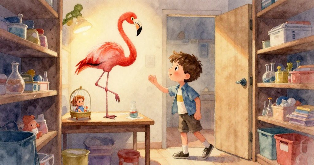 從上方俯瞰，班恩不經意間引發的連鎖反應，油漆桶滾動撞上膠水瓶，膠水濺落黏住椅腳，充滿動感。