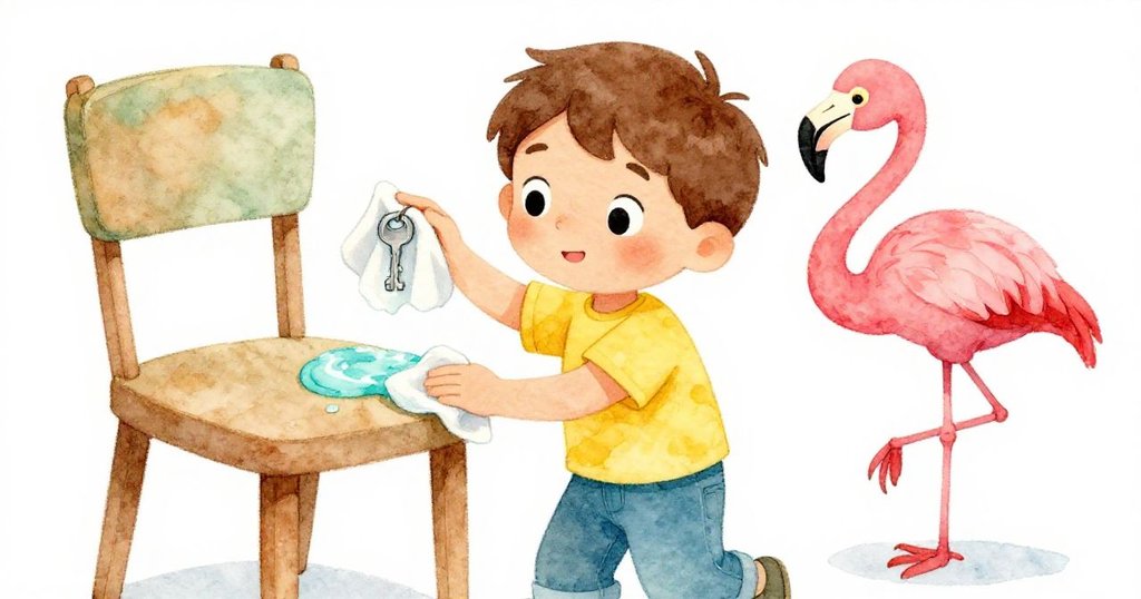 班恩滿懷喜悅地用溫柔布擦去黏著膠水，從隱藏抽屜中發現銀鑰匙，面帶勝利笑容，成功取下火烈鳥。