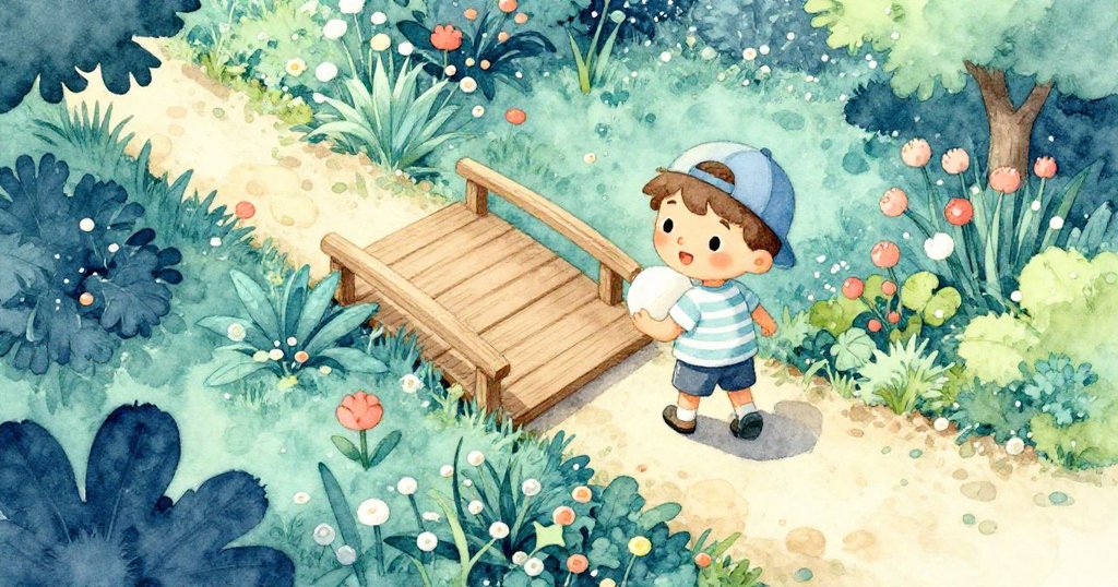 盧卡在微風吹拂中提著閃亮種子前往祖母花園，鳥瞰見小木橋與生機勃勃的花園景緻，充滿期待與活力。