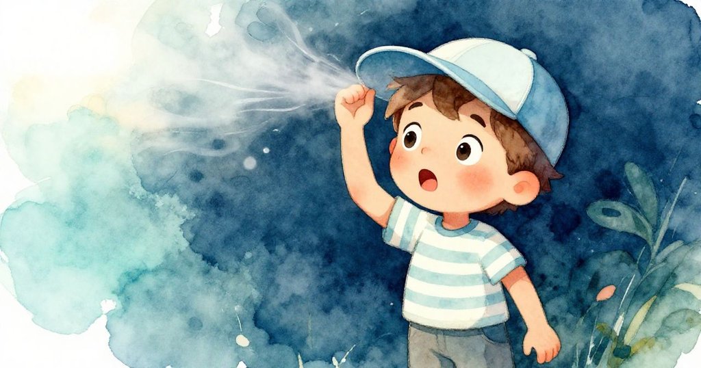 盧卡驚訝地伸手抓飛起的帽子，神情專注而意外，柔和陽光映照他的臉龐與活躍動作，充滿情感。