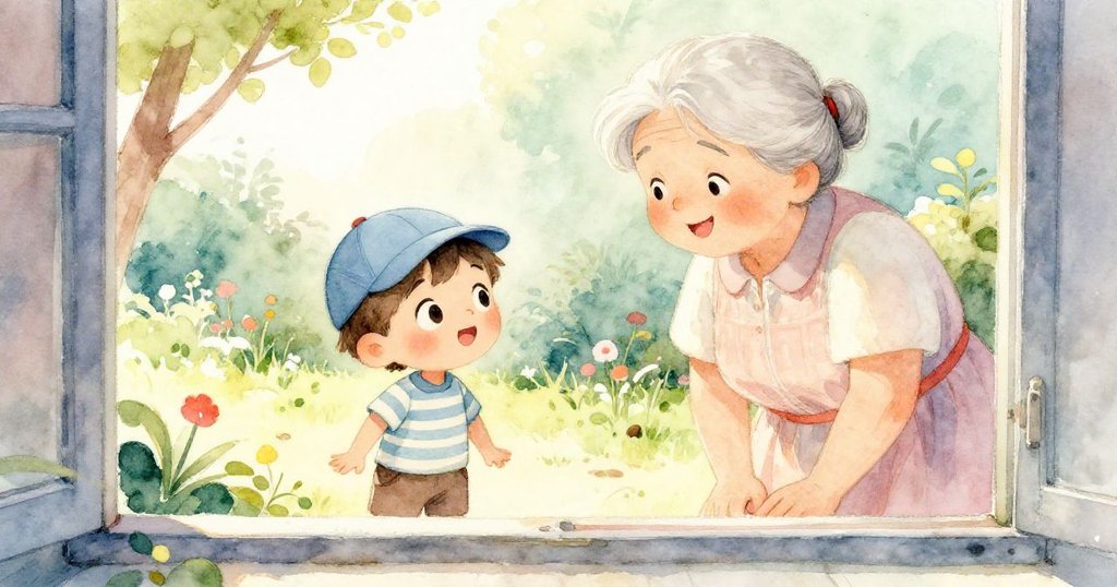 透過窗戶看見慈祥祖母注視花園中盧卡頑皮舉動，眼中流露溫暖智慧與關懷，環境溫馨宜人。