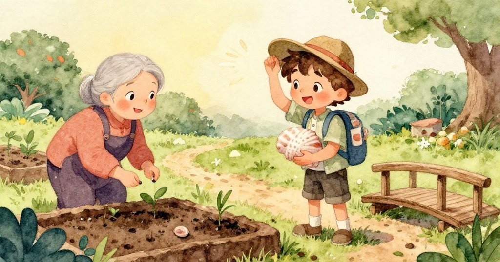 種子滾落途中撞翻澆水壺，水花灑落乾土形成小水坑，動感場面展現大自然流動與驚喜瞬間，充滿生機。