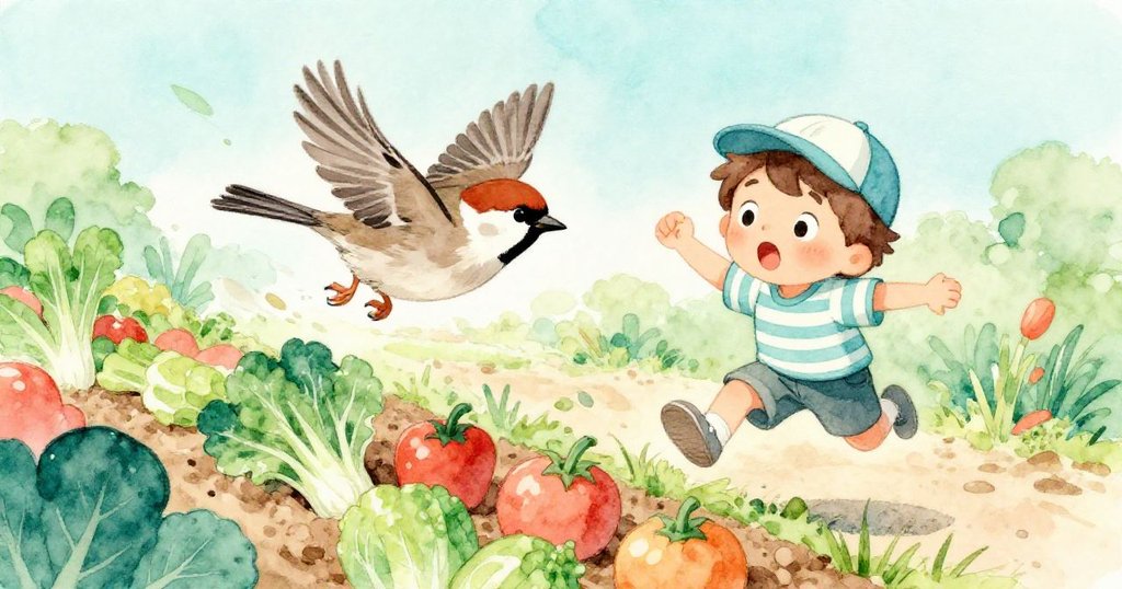 小麻雀受驚展翅飛揚穿越茂密菜園，盧卡轉身關注動作，生動展現自然節奏與柔和光影，充滿動感。