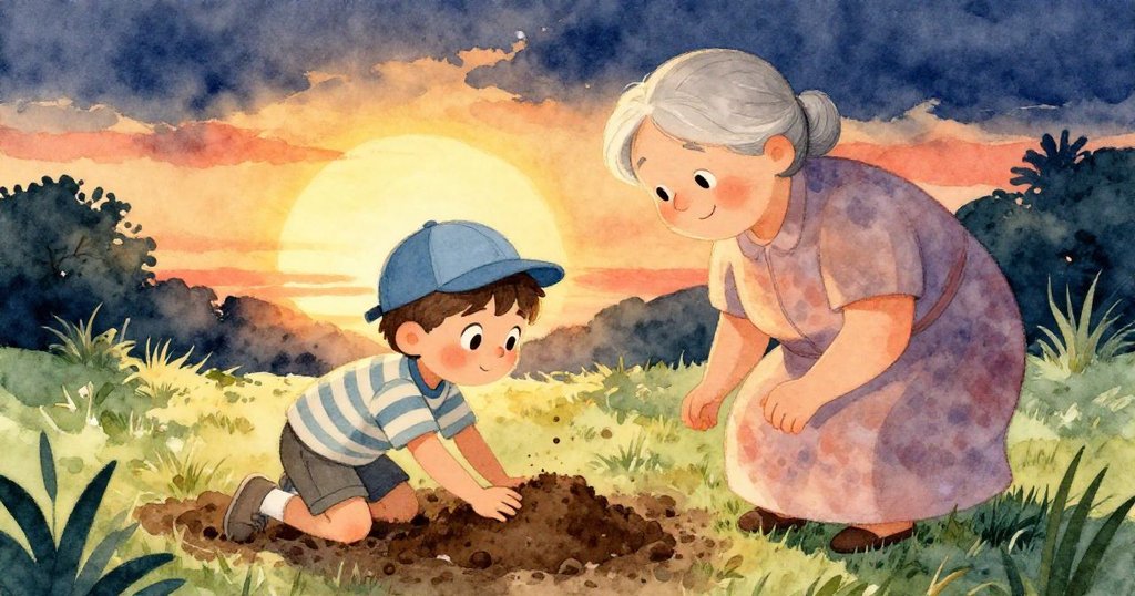 金色夕陽映照下，盧卡跪於泥濘坑邊仔細按壓濕土，祖母滿意點頭，展現希望與努力的溫馨結局，溫暖自然。