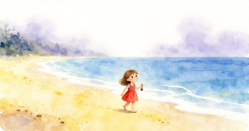 Mia在晨霧中走向海灘，手持小書，陽光透過薄霧灑下，心情充滿期待與溫暖。