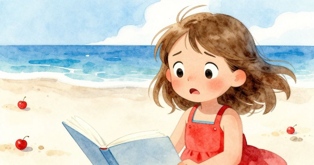 Mia在近鏡頭中露出疑惑與焦慮，她看著隨風飛舞的書頁，背景為柔和海邊景色。