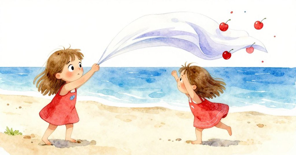 Mia同時努力抓住飛舞的書頁與自由飄散的風，動態對比展現海灘上活力與挑戰。