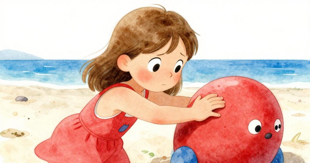 決心滿滿的Mia按緊書本，神情堅定，環境中海浪低語，象徵克服困難的瞬間。