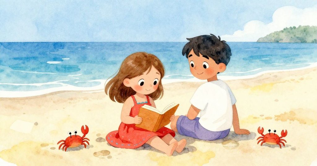 Mia安心閱讀，她與Luis并肩坐於廣闊海灘上，陽光、閃耀波光與靜觀的小螃蟹營造和平氣氛。