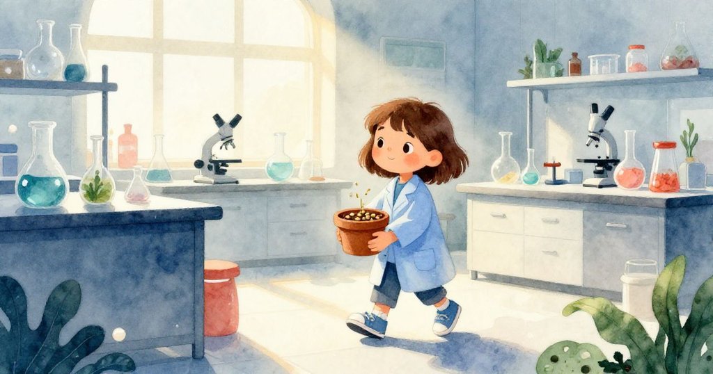 Cara手持裝豆子種子的罐子走進晨光微霧的科學實驗室，神情充滿期待與希望，周圍環境整齊。