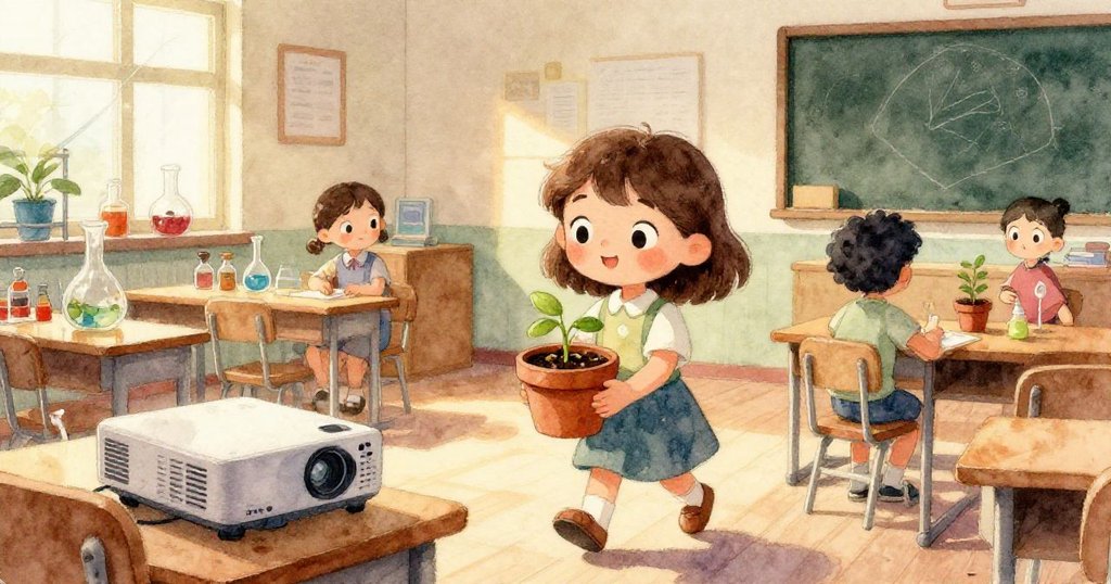 從背影看見Cara彎腰清理桌上散落的泥土與紙張，旁邊有翻倒投影機，現場充滿混亂卻急速整理。