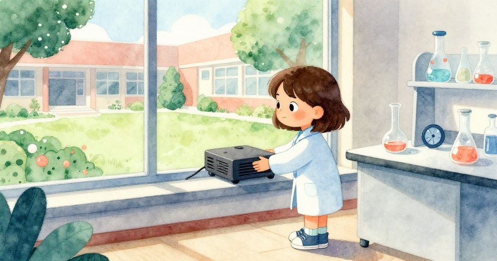 Cara聚精會神地調整新位置的投影機，窗外陽光灑落校園庭院綠意盎然，心情逐漸平靜。