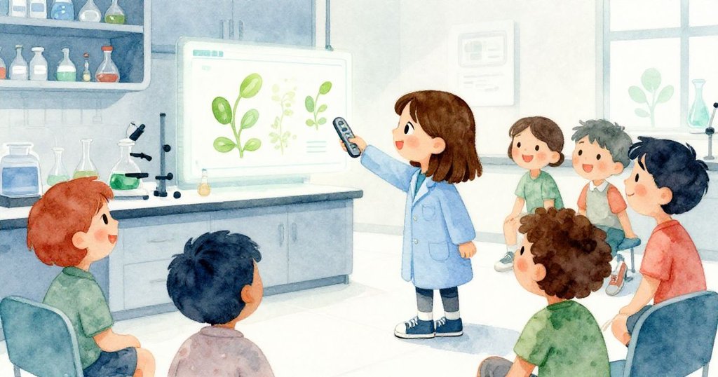 Cara按下遙控器投影生長圖像，同學圍觀互動，室內充滿笑容與熱情，學習氣氛濃厚。