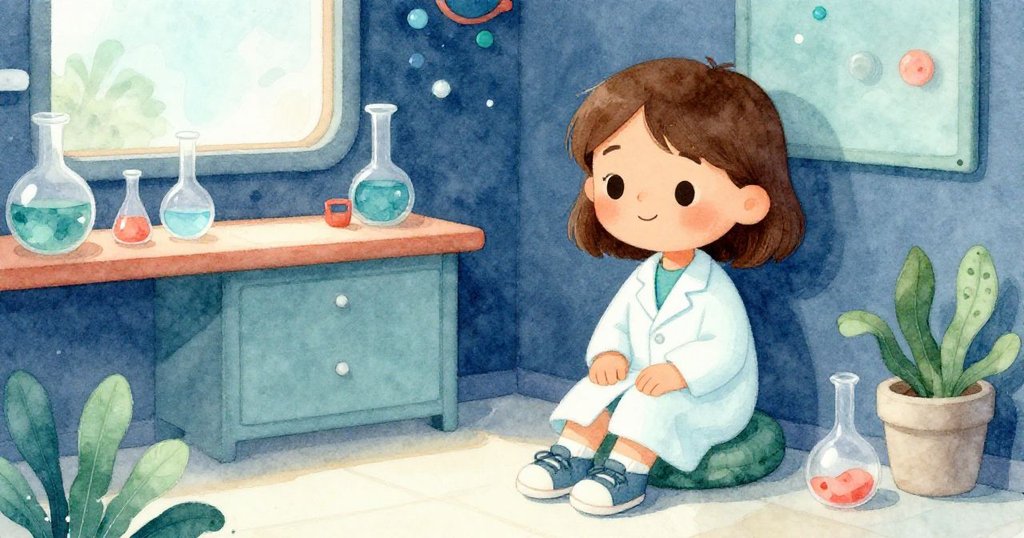 Cara課後靜坐教室角落，臉上露出平靜滿足笑容，溫柔光線映襯出修復後的寧靜與成就感。