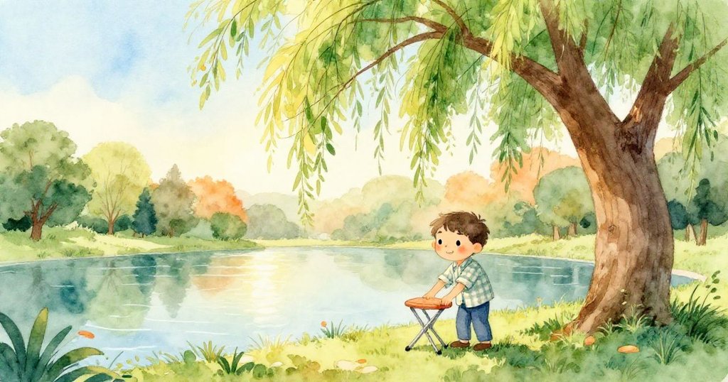 Milo在晨光中擺放摺椅於池塘邊,柳樹搖曳映出柔和光影,展現期待和寧靜情緒。